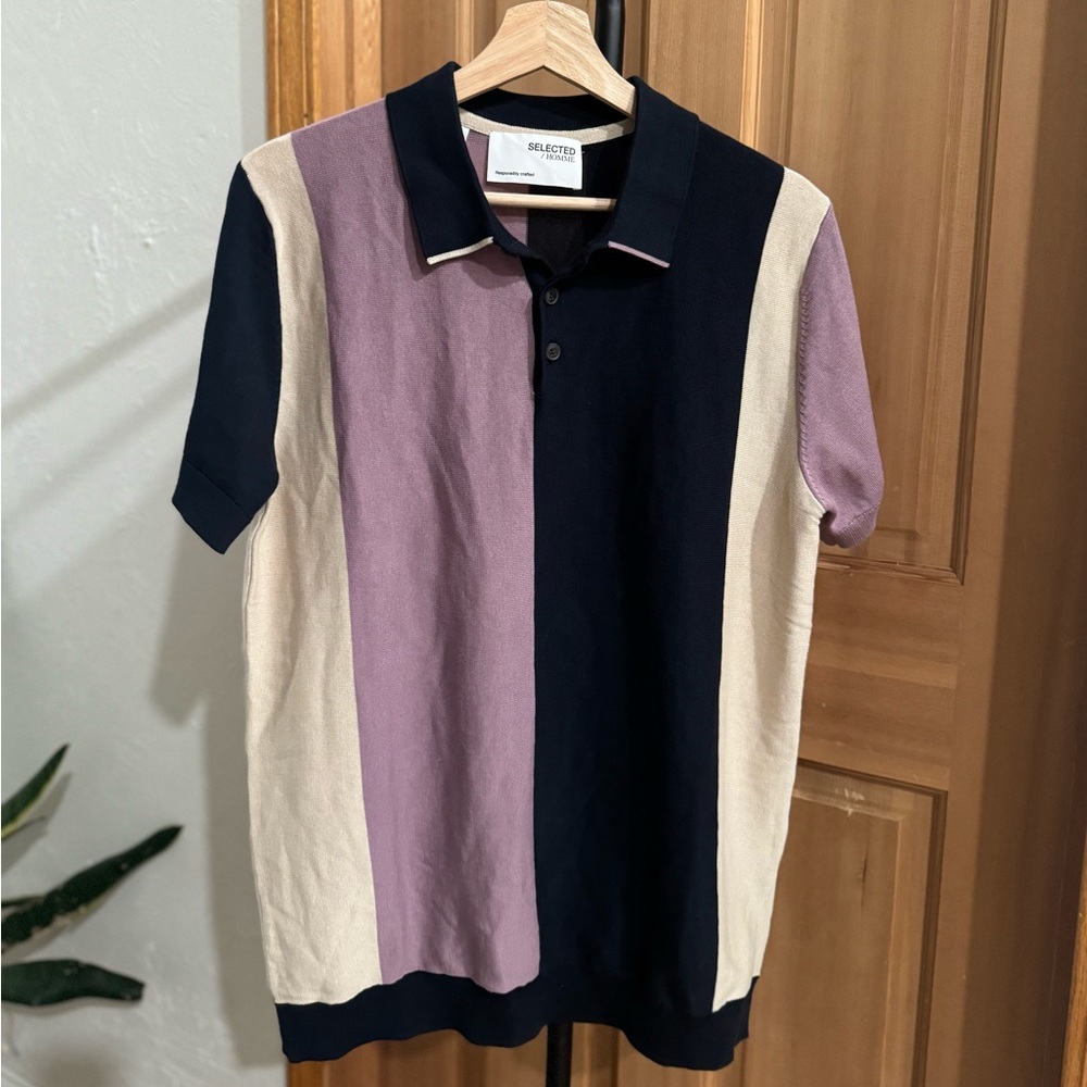 NWT Selected Homme Men's Knit Polo- Navy, Purple, and Cream